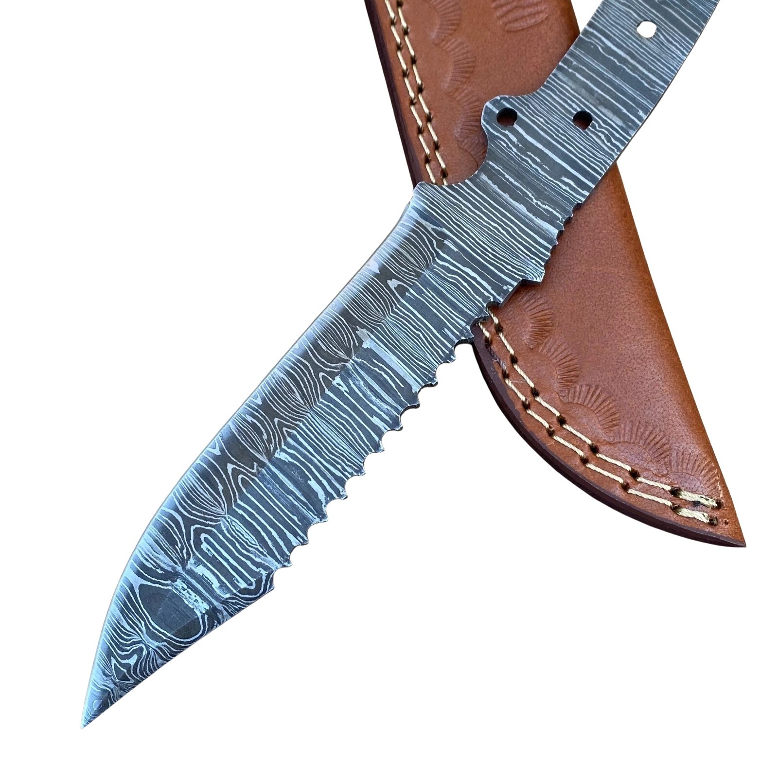 10″ Damascus Fixed Blade Blank Full Tang Bushcraft Tool with Leather Sheath