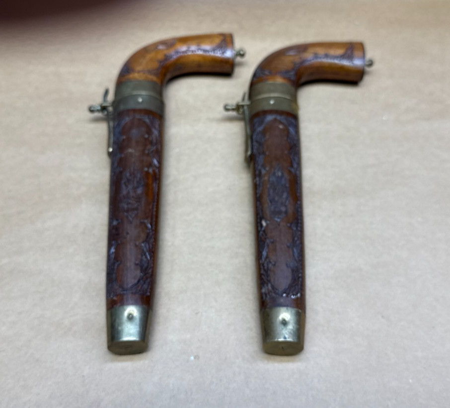 VERY RARE Knife Pair Carved Handles Matched Carved Wood Sheaths Brass Trim-INDIA