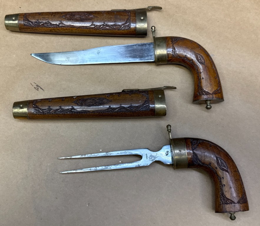 VERY RARE Knife Pair Carved Handles Matched Carved Wood Sheaths Brass Trim-INDIA