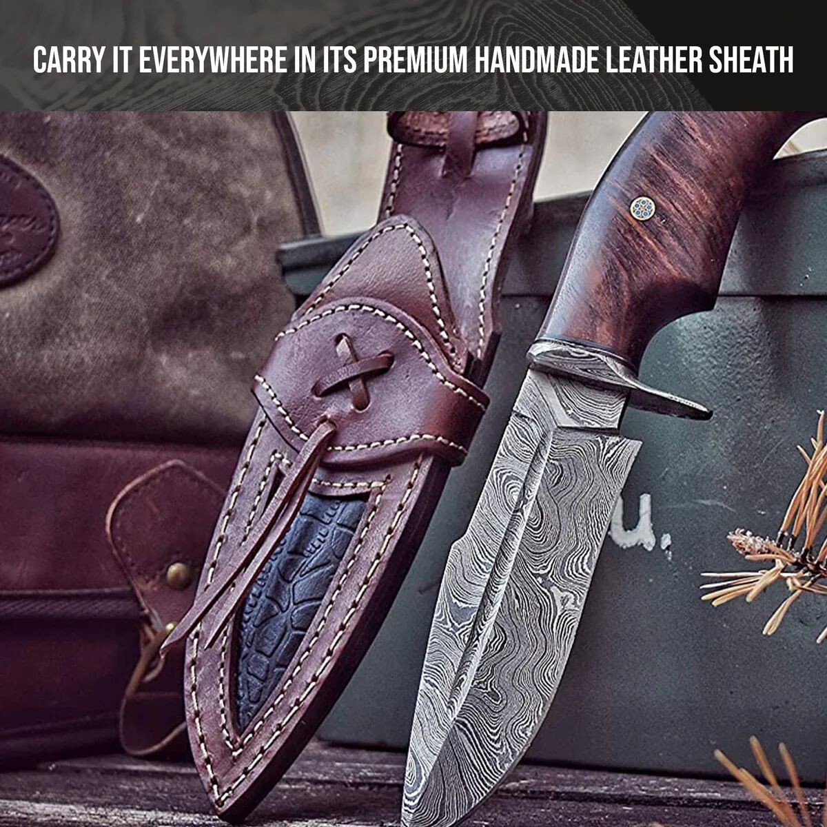 Custom Handmade Damascus Steel Bowie Hunting Knife Rose Wood Handle W/ Sheath