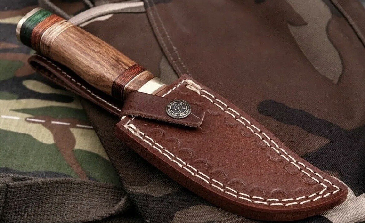 Custom Handmade Damascus Steel Bowie Hunting Knife Wood Handle Leather Sheath