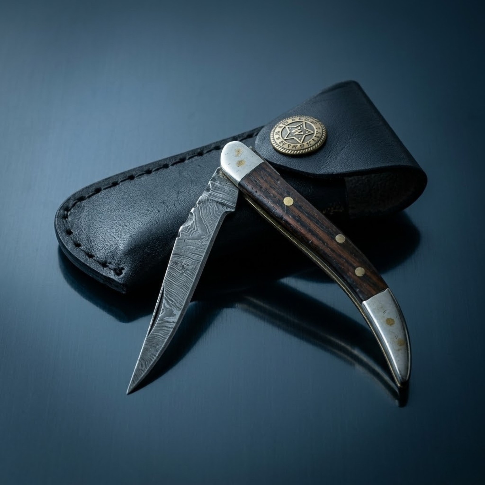 Damascus Steel EDC Folding Knife Wood Handle Toothpick Pocket Knife with Sheath