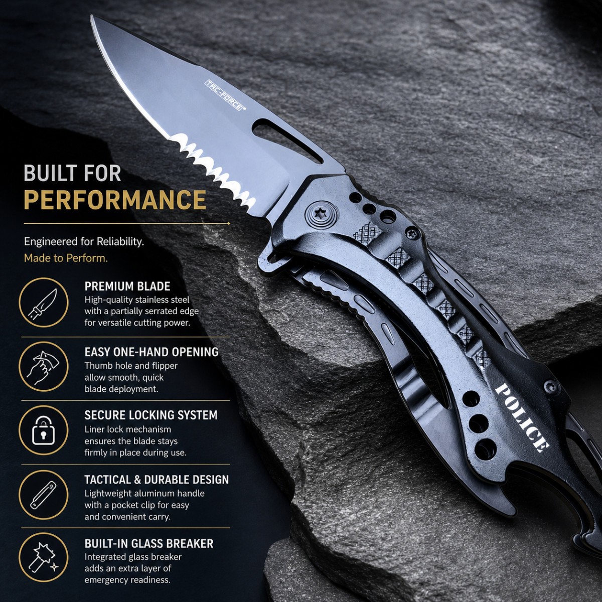 Spring Assisted Folding Knife Tac-Force Black EDC Pocket Clip Liner Lock