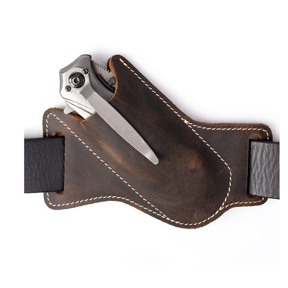 HANDMADE BELT SHEATH HOLSTER Leather Cover for folding pocket Knife Brown 1PC