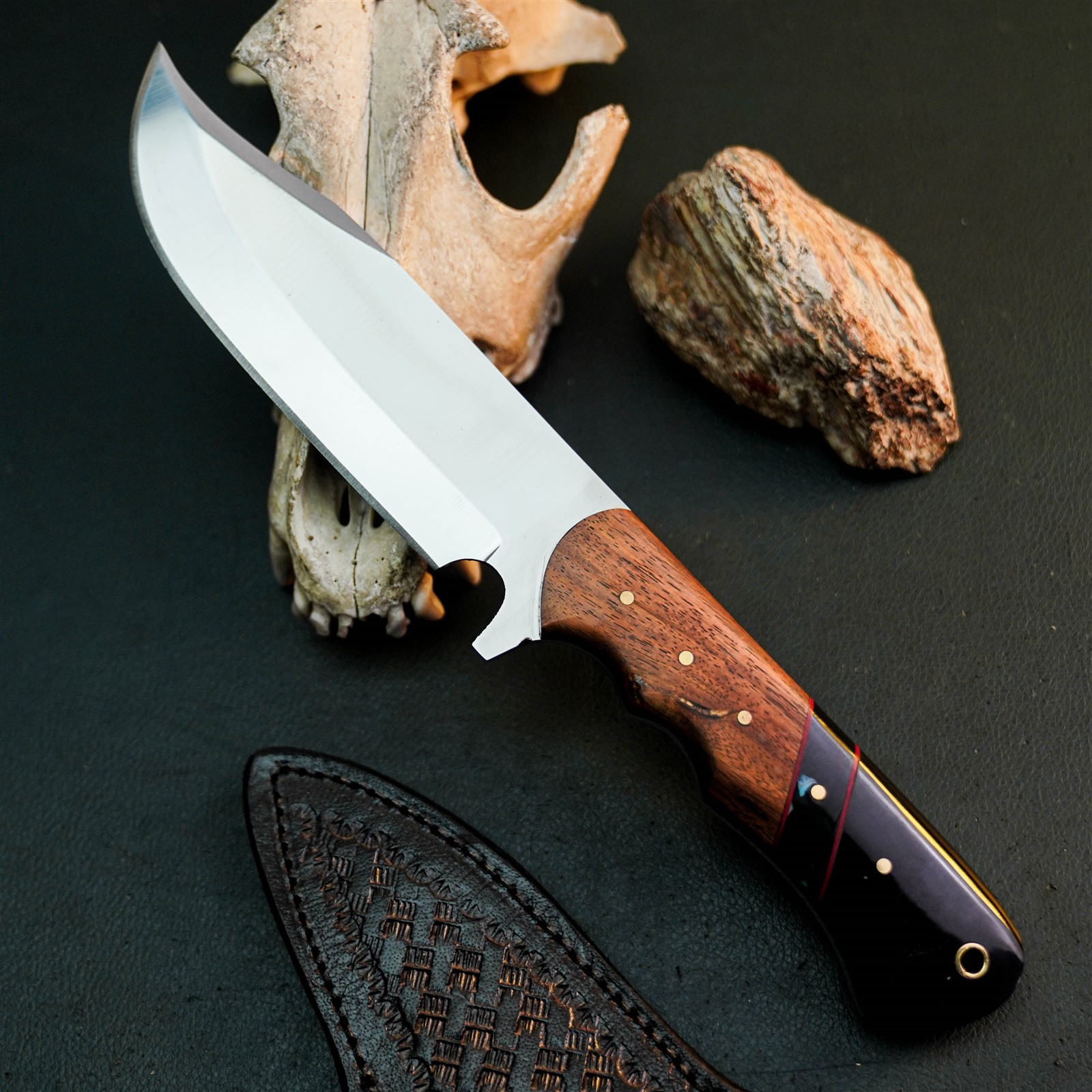 9.6″ Hunting EDC Stainless Knife Handmade Full Tang Wood Handle + Sheath