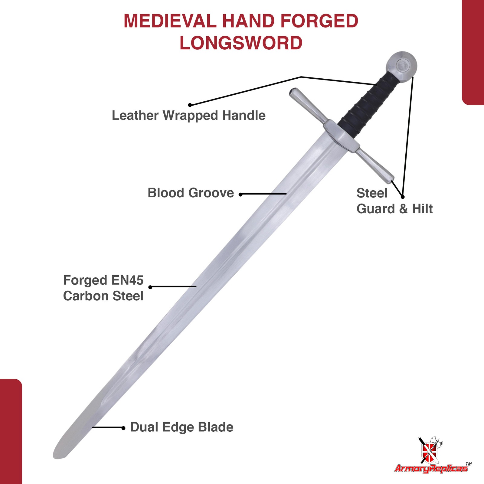 Hand Forged Arming Sword 36.75″ Full Tang EN45 Carbon Steel Reenactment Scabbard
