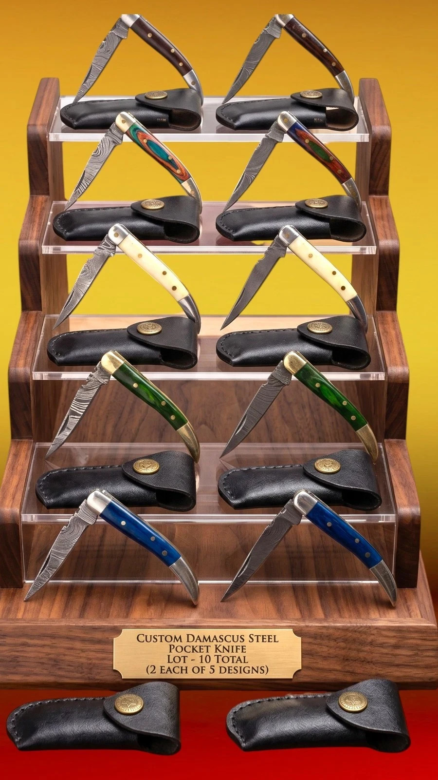 10x Damascus Folding Knife Lot Custom Pocket Knives Bone Wood Handle with Sheath