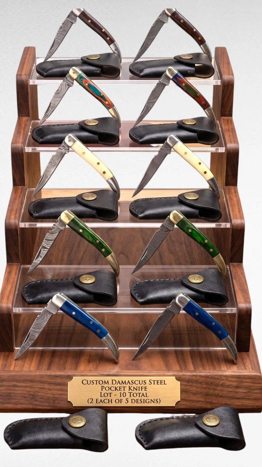 10x Damascus Folding Knife Lot Custom Pocket Knives Bone Wood Handle with Sheath