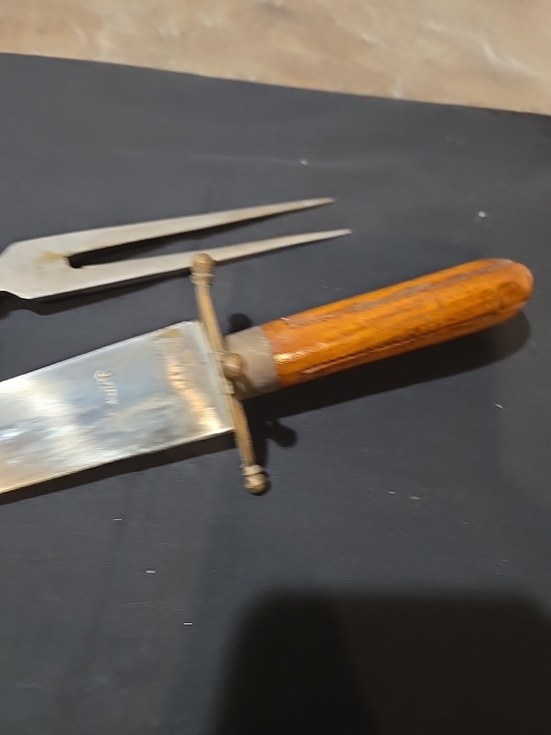 Vintage Indian Carving Knife and Fork set wooden carved wood and brass trim