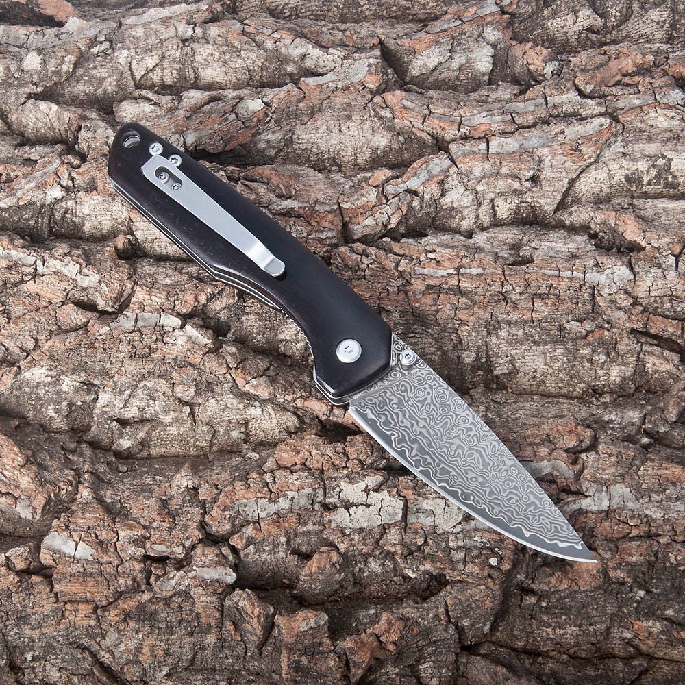 Folding Knife, Damascus Steel Blade, Wooden Handle, Camping Outdoor Pocket Knife