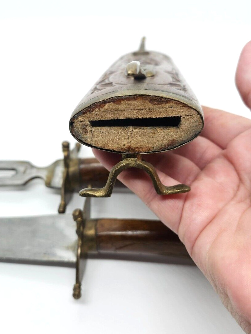 Decorative Knife Carving Set In Wooden Hand Carved & Brass Casing VTG India