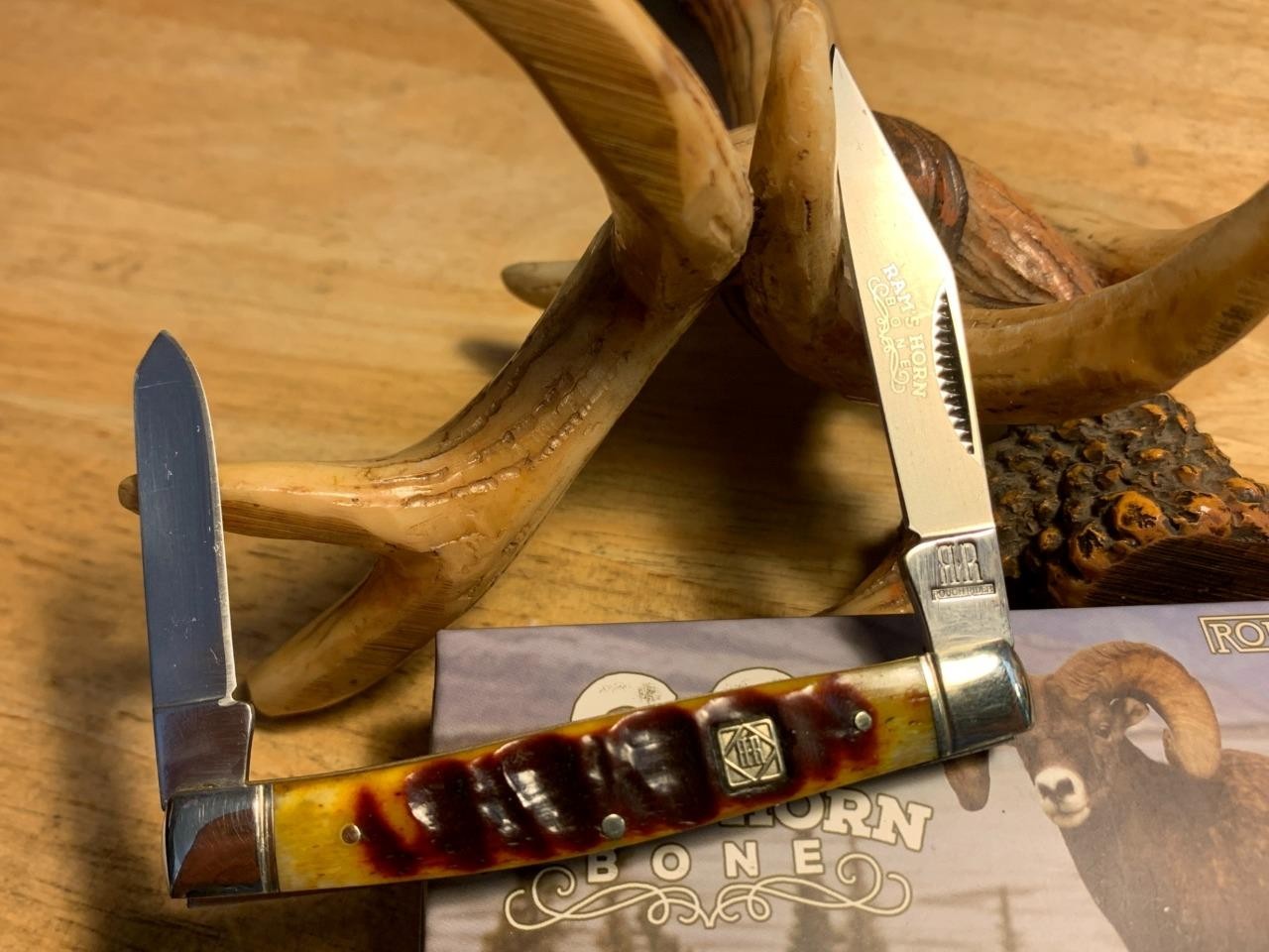 Rough Rider Brown Rams Horn Bone 2 Blade Stockman 3 1/4″ Pocket Knife RR1596