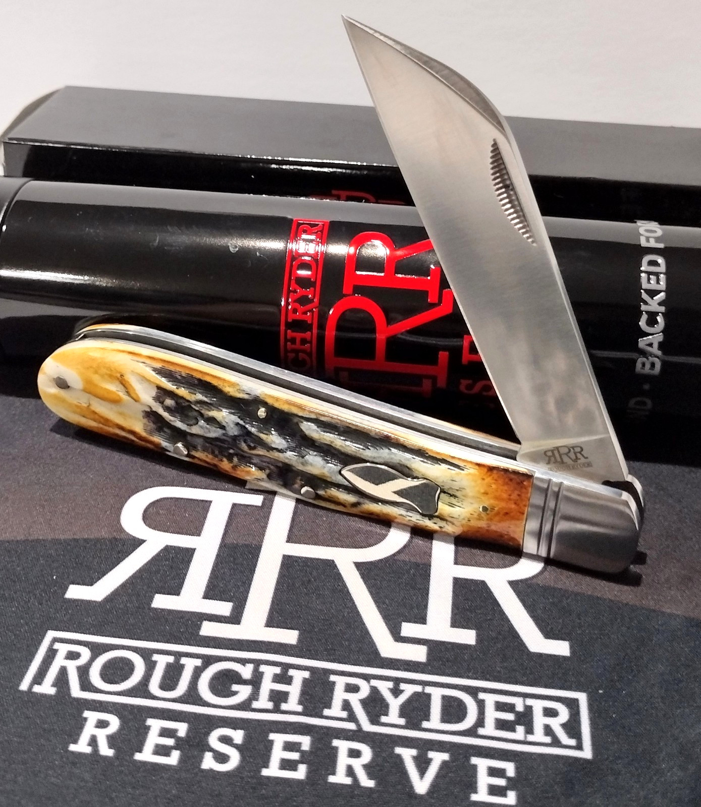 Rough Ryder Reserve Brown Stag Bone D2 Tool Steel Grandaddy Folder Pocket Knife