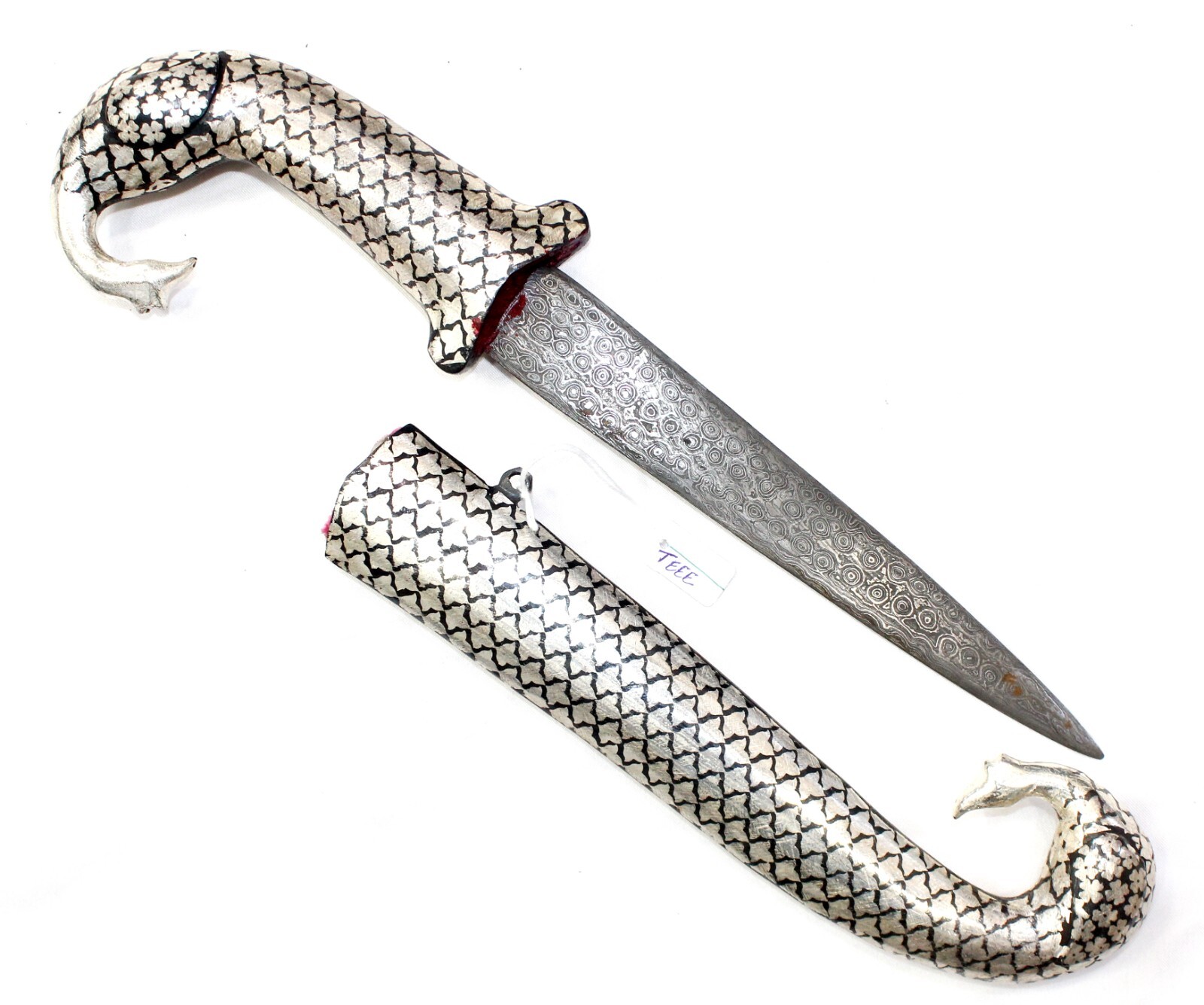 Dagger Double Head Peacock Silver Koftgari Inlay Work Damascus Steel Blade j640