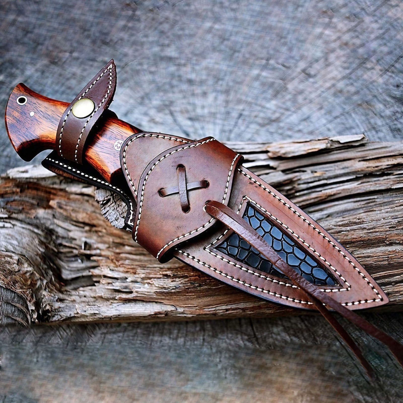 Damascus Steel Bobcat Hunting Knife, Handmade Fixed Blade Camping Outdoor Knife
