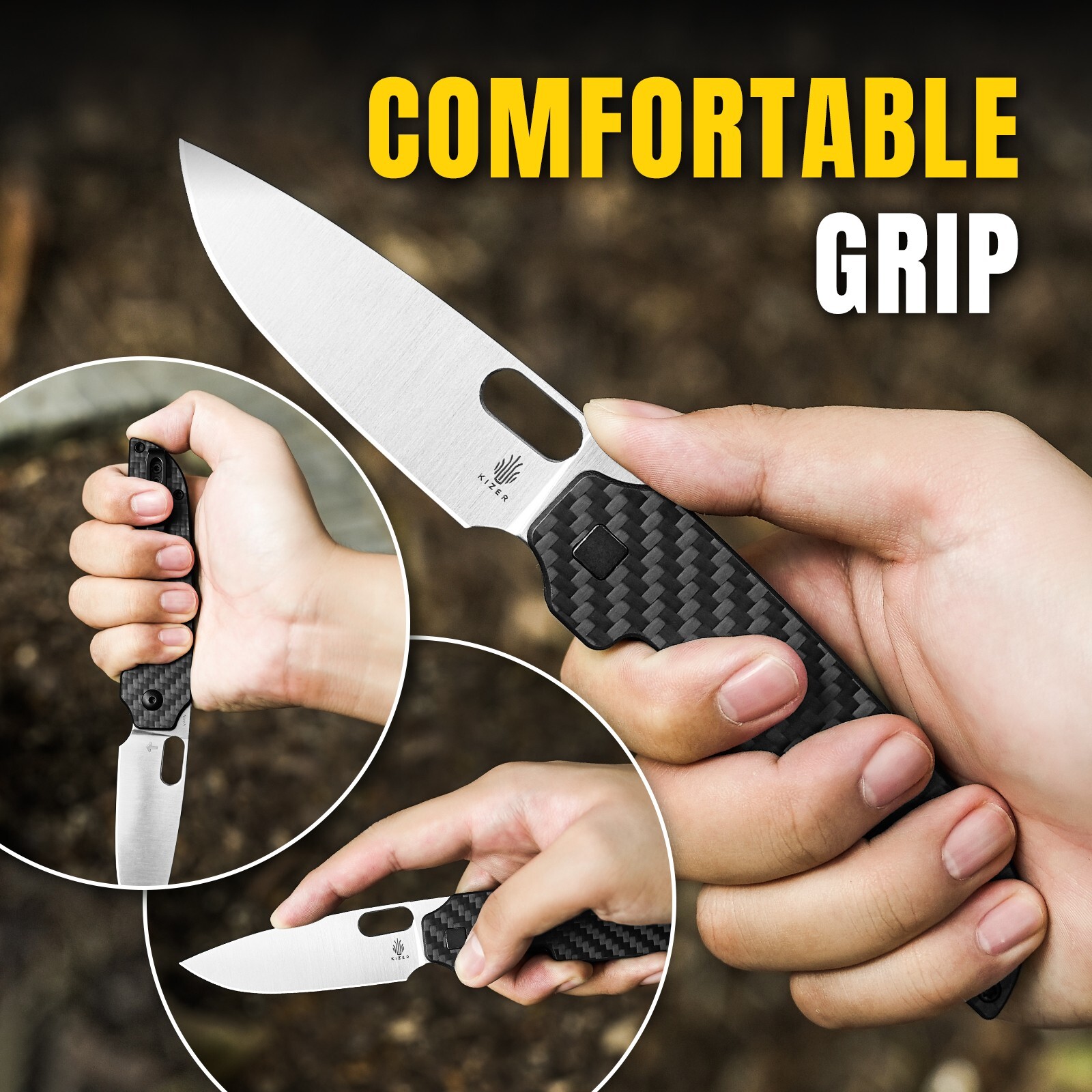 Kizer Varatas Drop Point Folding Knife Nitro-V Blade Carbon Fiber Handle V3637A2