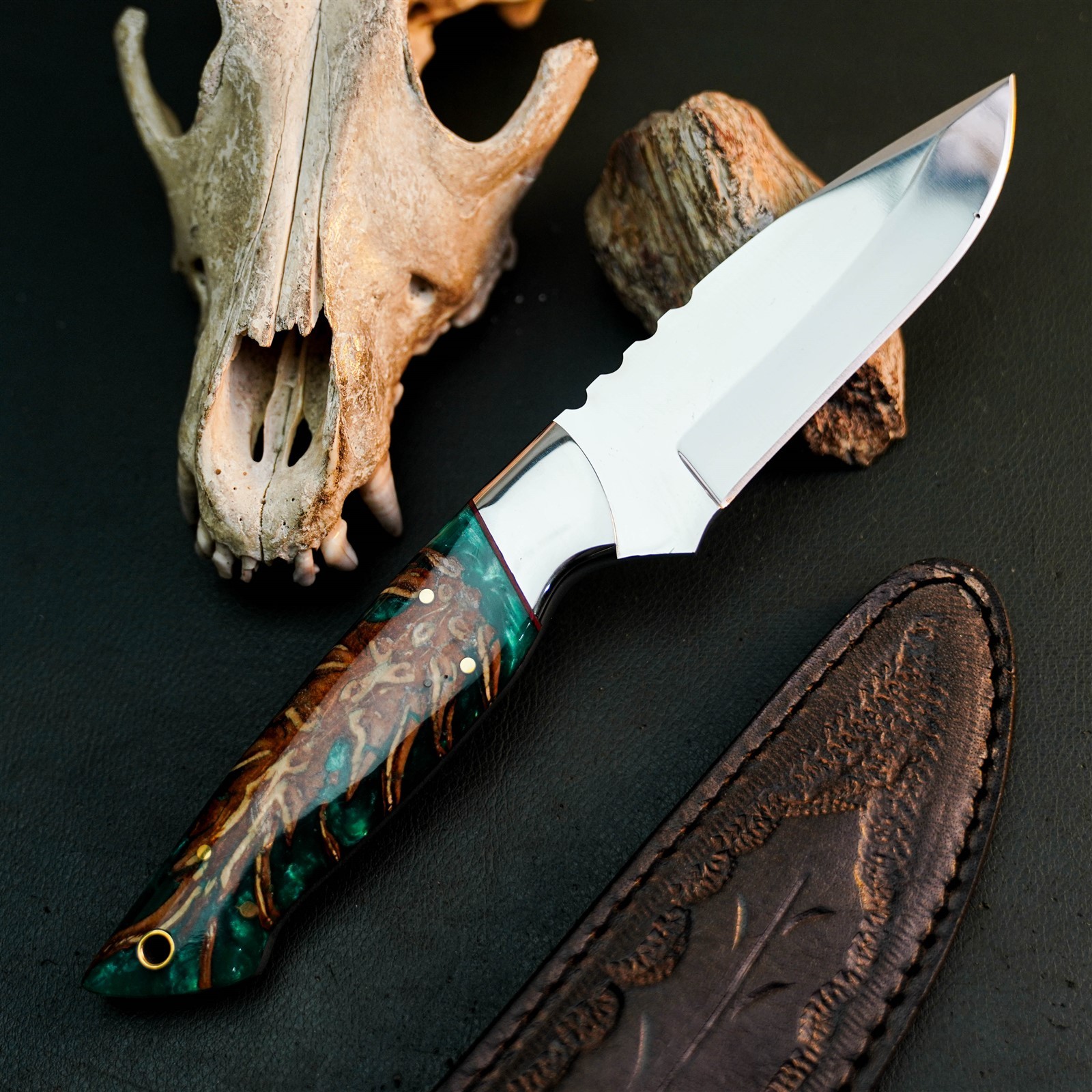 9.6″ Hunting EDC Stainless Knife Handmade Full Tang Resin Handle + Sheath