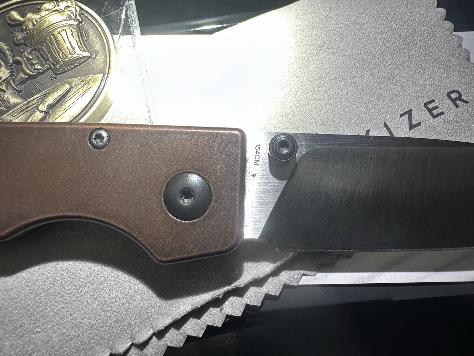 Kizer Original Copper 154CM Satin Blade Copper Handle Button Lock