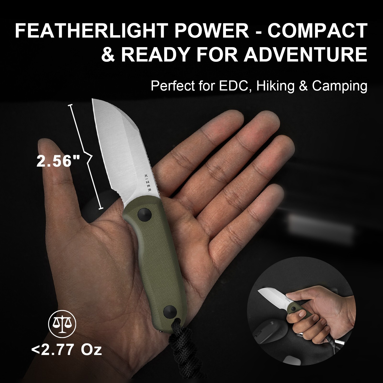 Kizer Drop Bear Clip Point Fixed Knife AEB-L Blade Green G10 Handle+Sheath