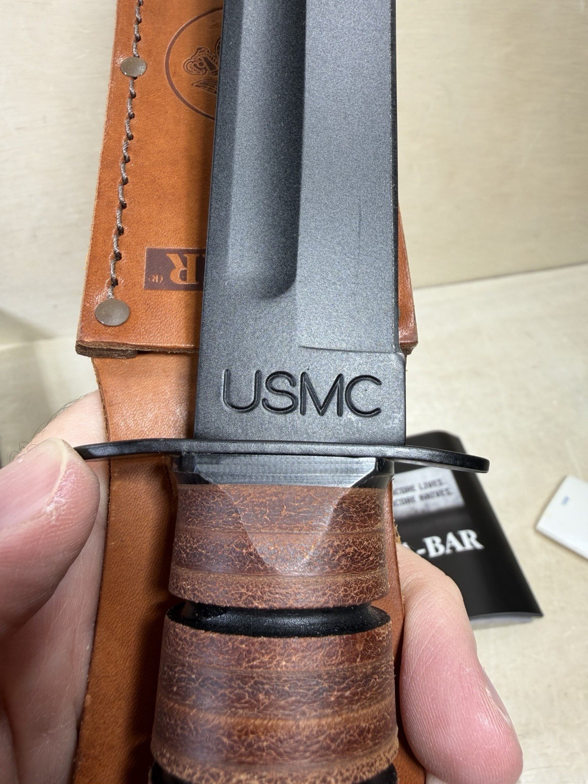 Vintage Ka-Bar Fixed Blade Knife w/ Leather Sheath USMC Marines Miltary