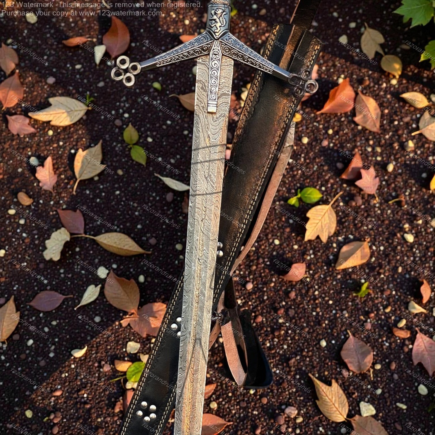 Medieval Scottish Claymore Damascus Steel Sword W Sheath Historical Display Gift