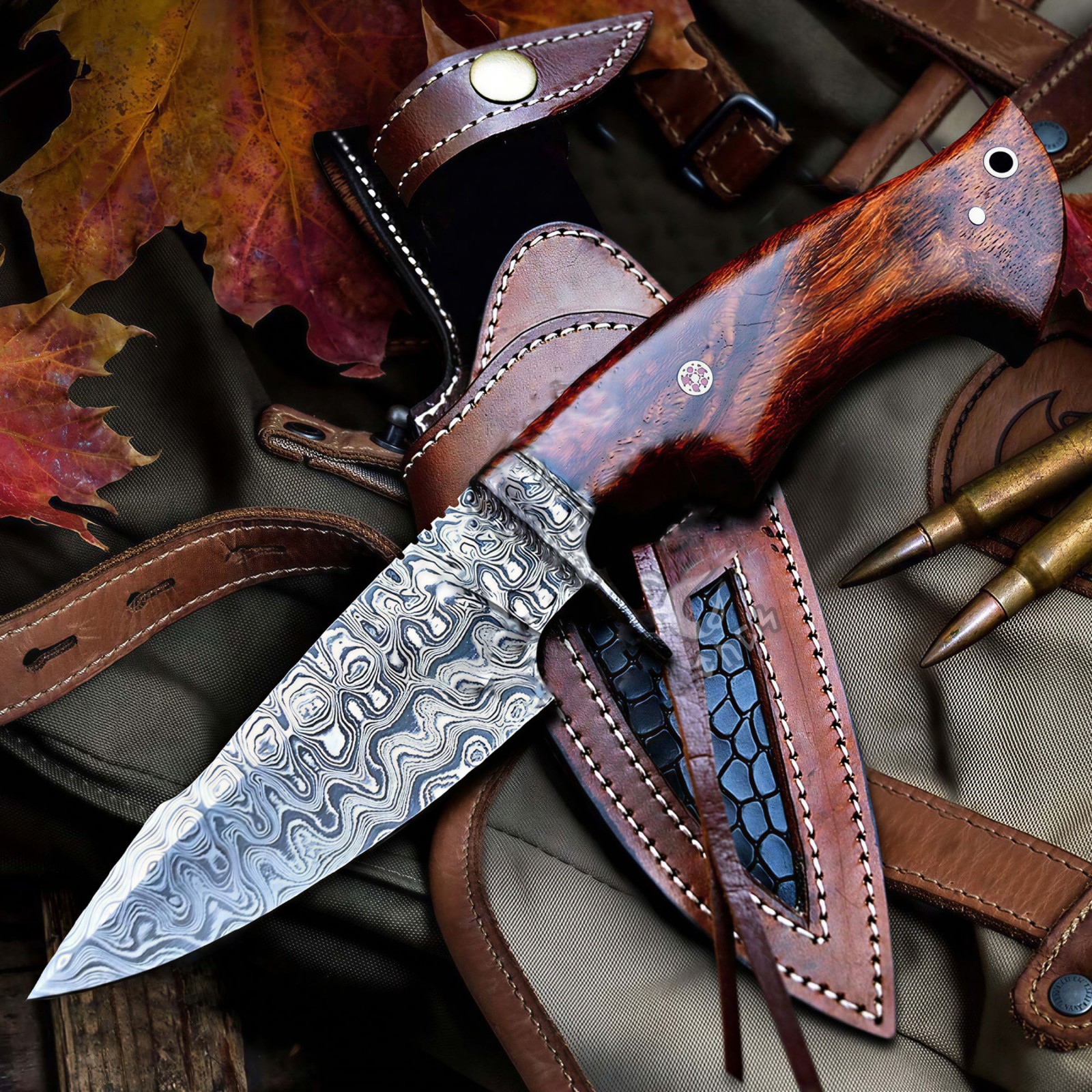Damascus Steel Bobcat Hunting Knife, Handmade Fixed Blade Camping Outdoor Knife