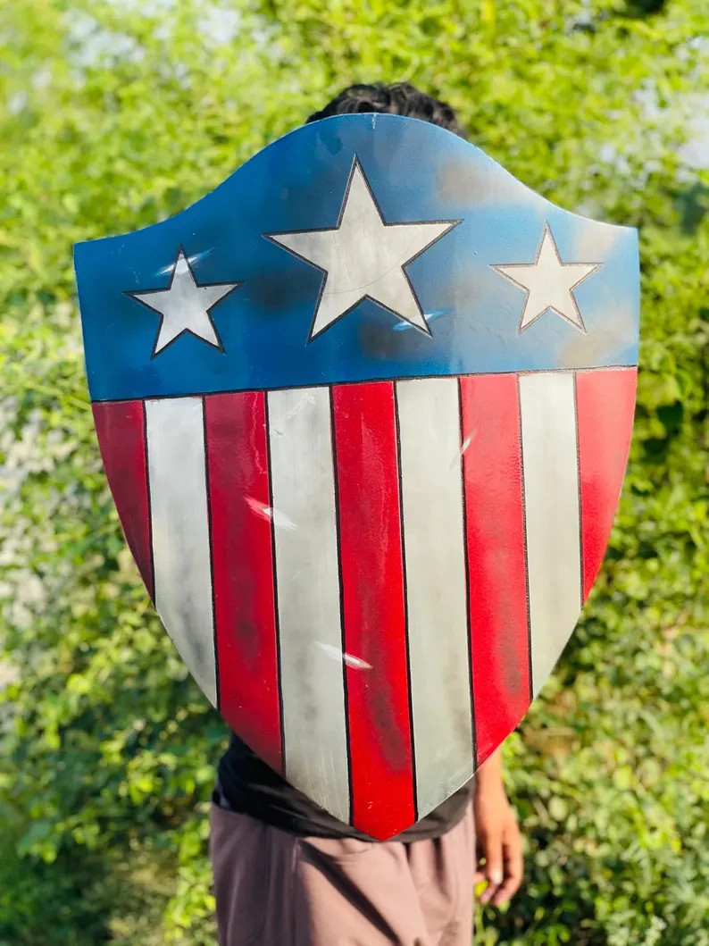 Captain America Shield: Battle Damaged Aluminum, Leather Straps – 19.5×25 Inch
