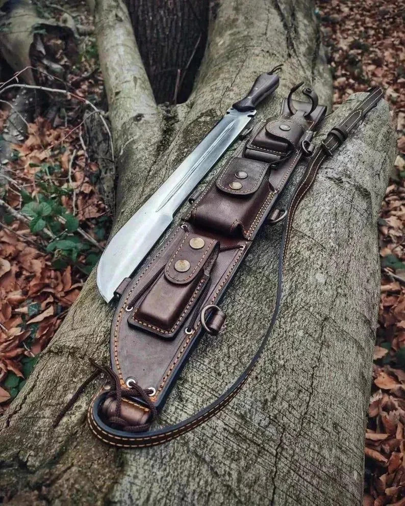 Handmase Full Tand Sword 25 Inches Wood Handle Camping Sword With Leather Sheath