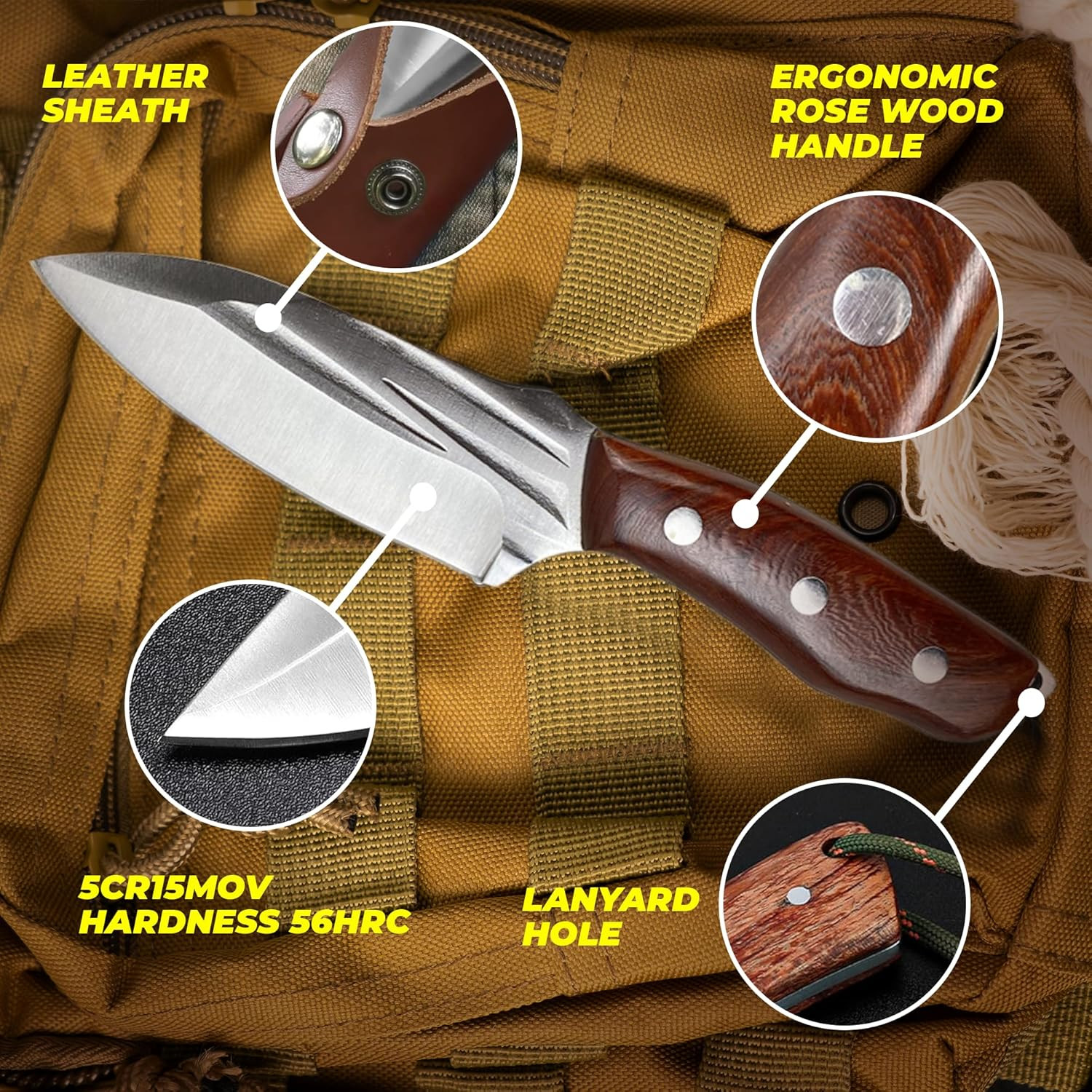 Pocket Fixed Blade Knife with Wood Handle and Leather Sheath for Camping, Outdoo
