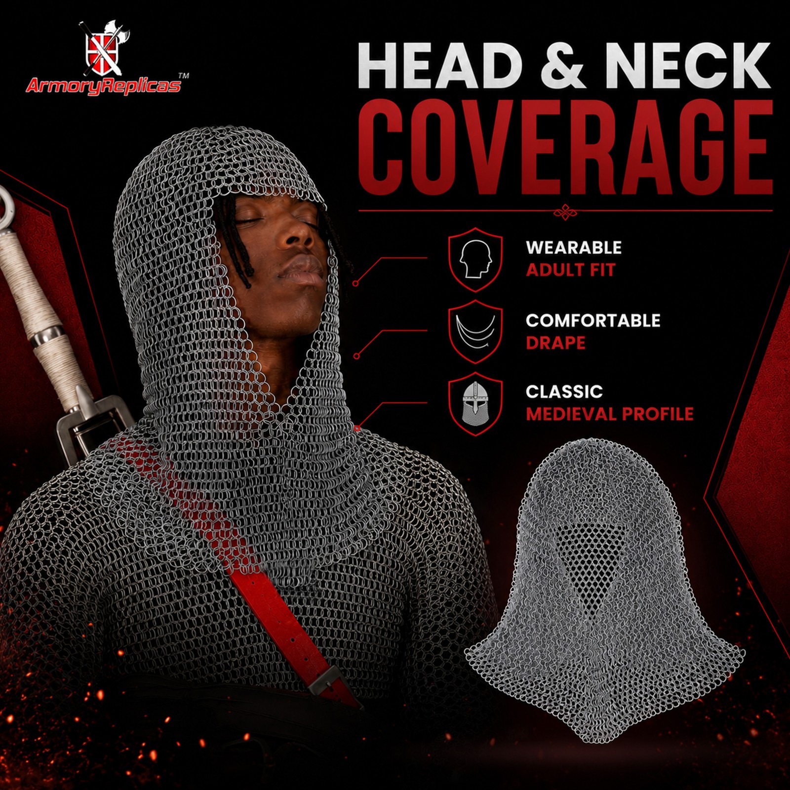 BATTLE READY CHAIN MAIL COIF ARMOR MEDIEVAL RENAISSANCE CHAINMAIL HOOD ARMOR