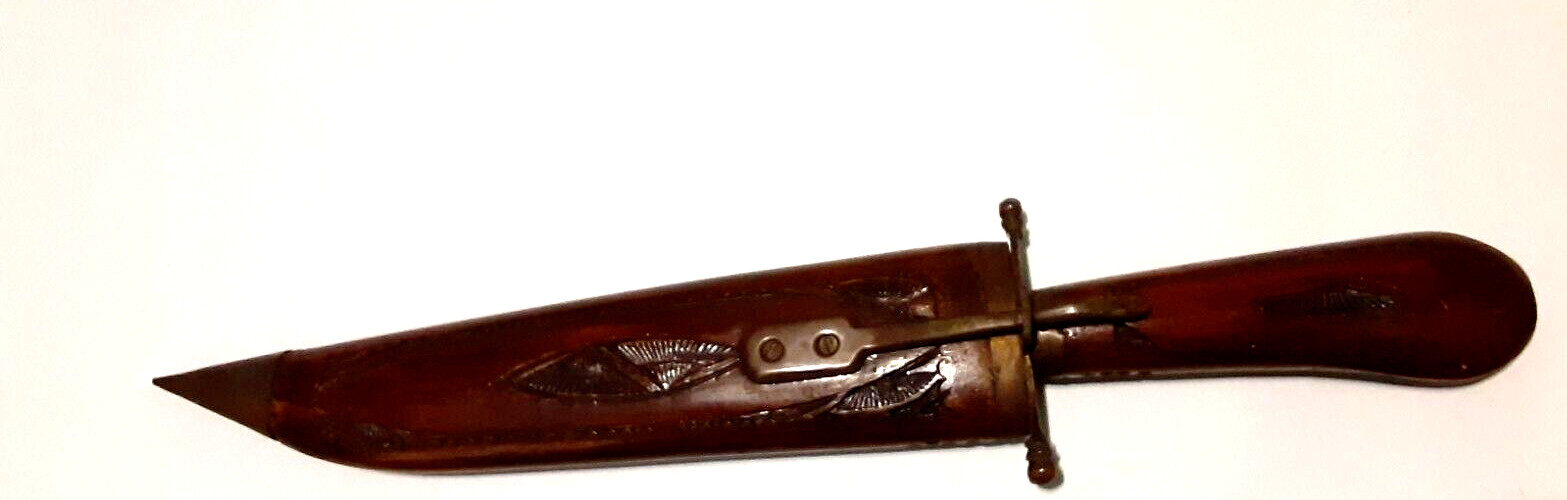 Vintage Dagger carved ornamented Wooden Handle & Sheath, Brass Lock and sheath .