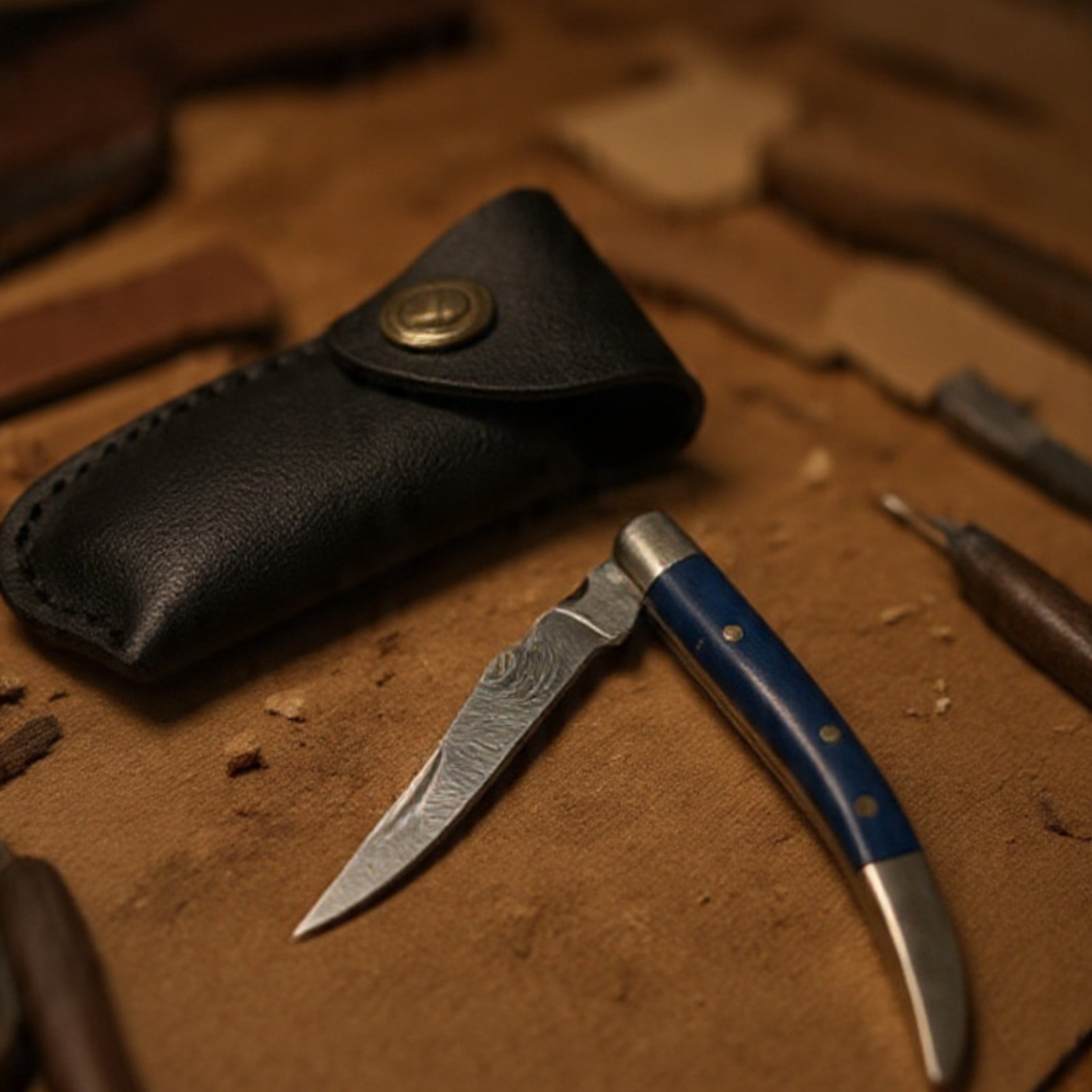 Damascus Steel Folding Knife Blue Bone EDC Pocket Folder with Leather Sheath