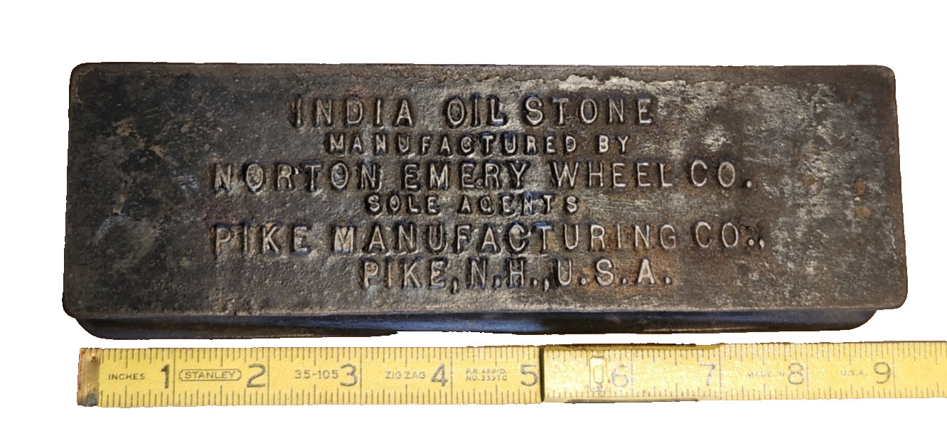 Vtg. India Oil Stone Cast Iron Box w/ Stone, Norton Co. Pike Mfg. Pike, N.H. USA