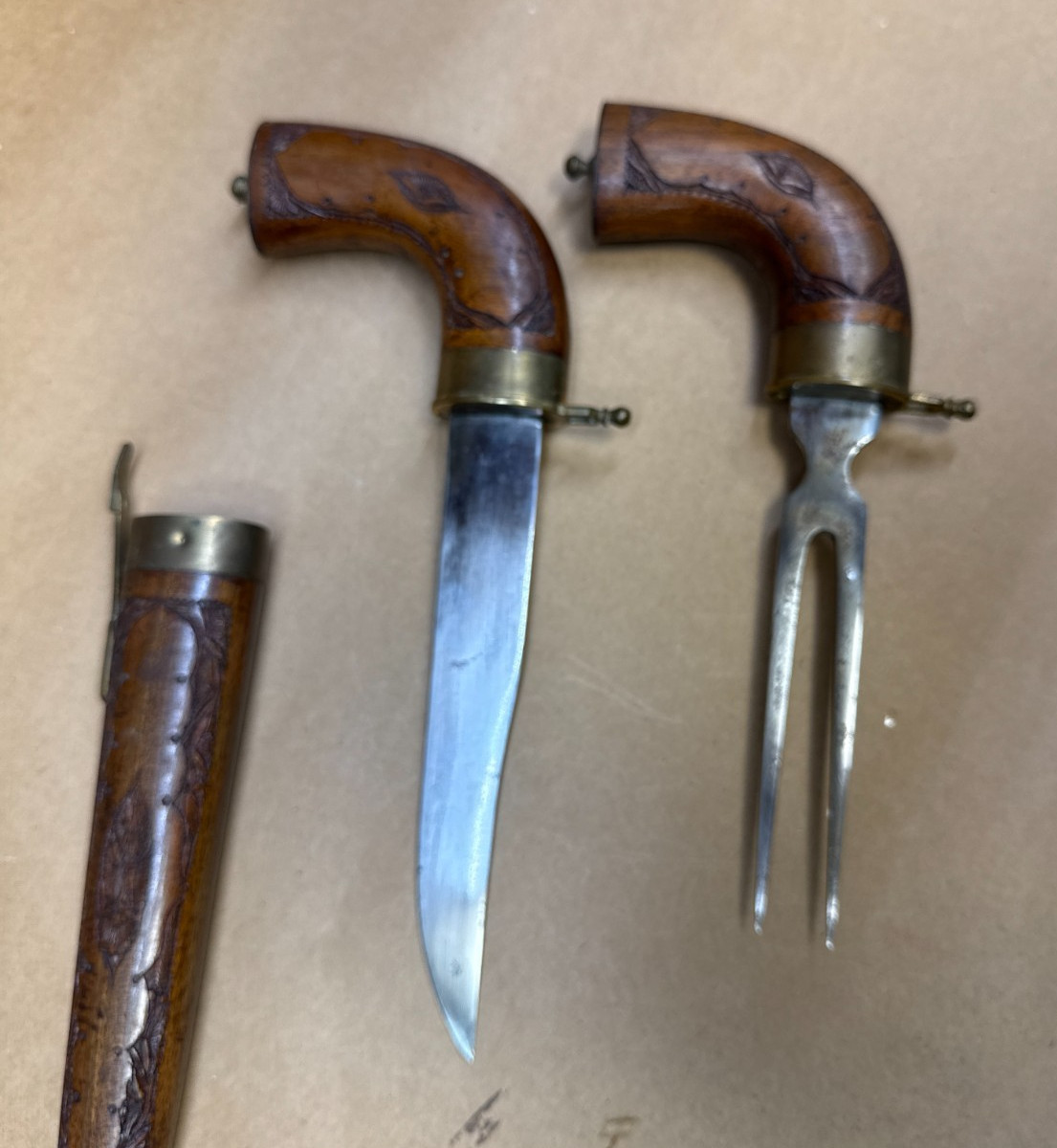 VERY RARE Knife Pair Carved Handles Matched Carved Wood Sheaths Brass Trim-INDIA