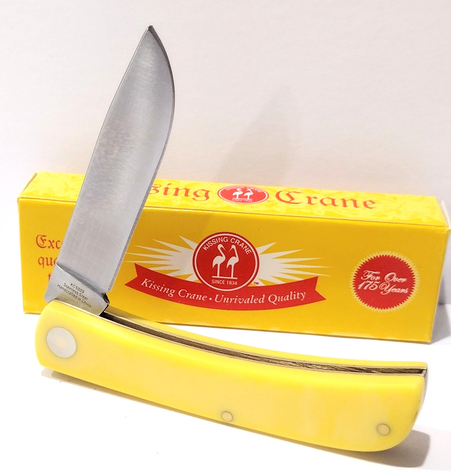 Kissing Crane Yellow Sod Buster Stainless Steel Drop Point Pocket Knife Jr New