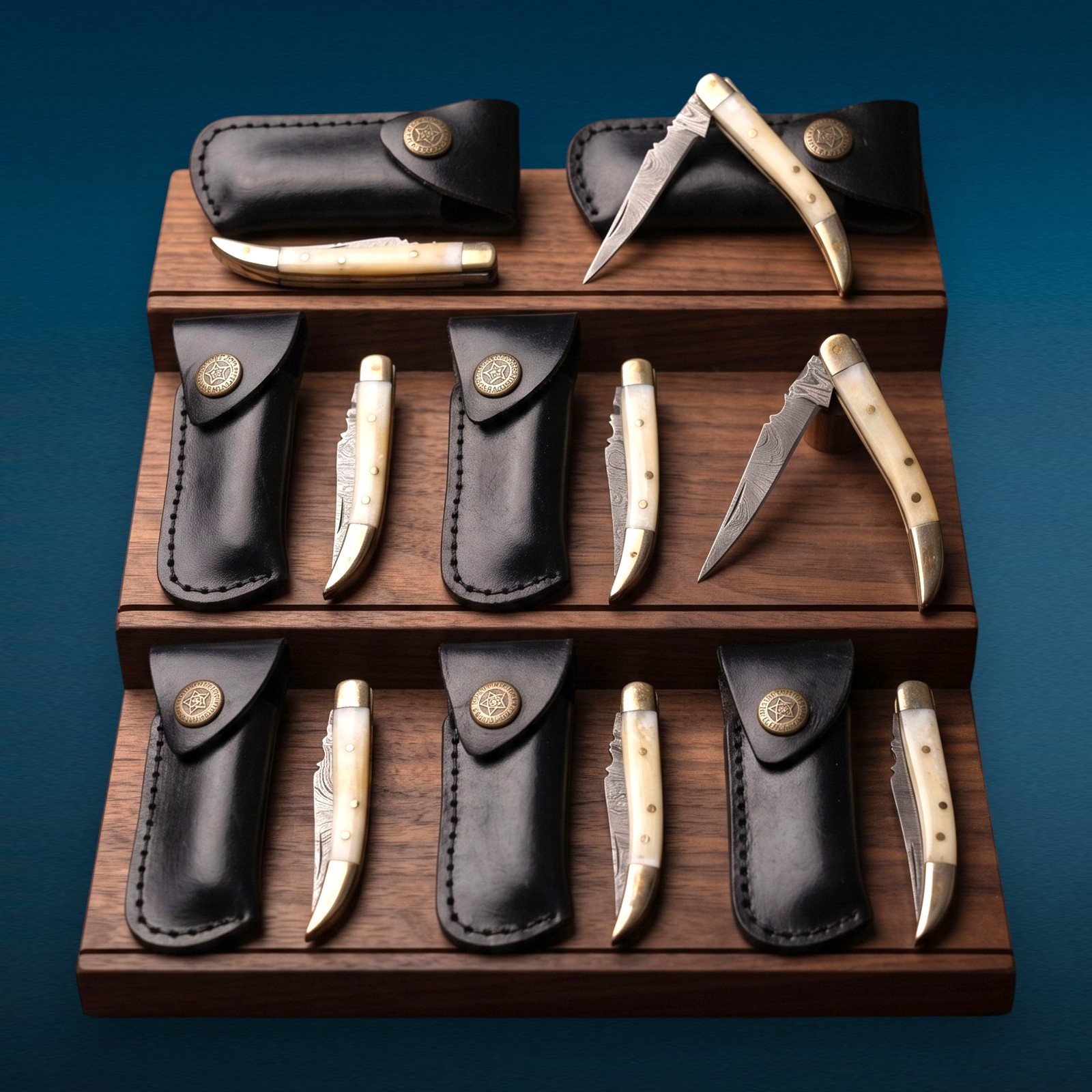 Wholesale Lot 8 Damascus Pocket Knives Camel Bone Gentleman Folder With Sheath