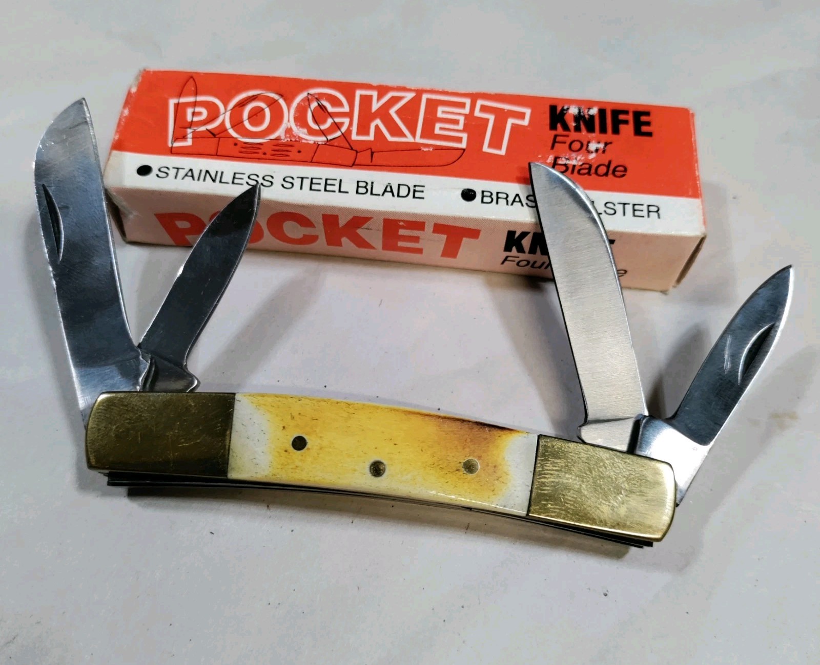 BONE HANDLED Pocket Knife – 4 Stainless Steel Blades Art NO 2038 In Box Pakistan