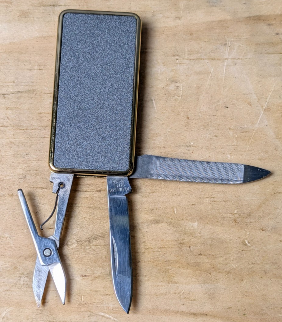 Vintage Colibri Sandstone Money Clip Pocket Knife Scissors Tools w/ Case JAPAN