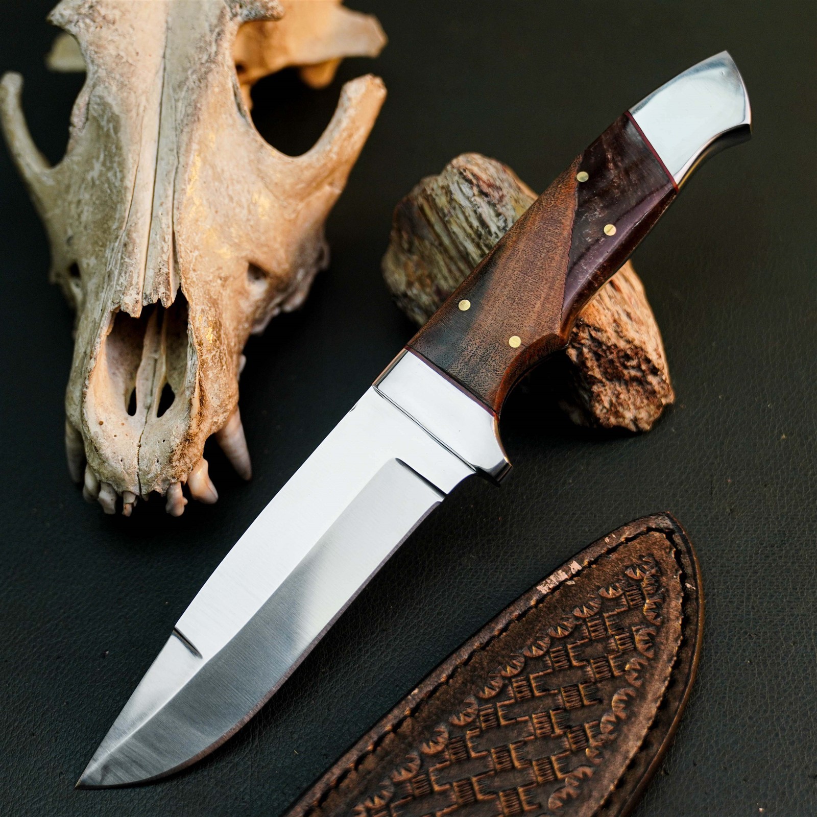 8.8″ Hunting EDC Stainless Knife Handmade Full Tang Wood Handle + Sheath