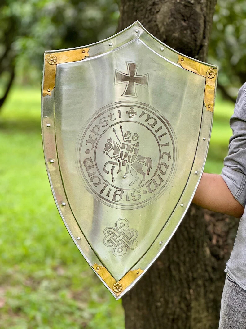24» Templar Heater Shield a Knight’s Cross Design for LARP & Christmas Gift
