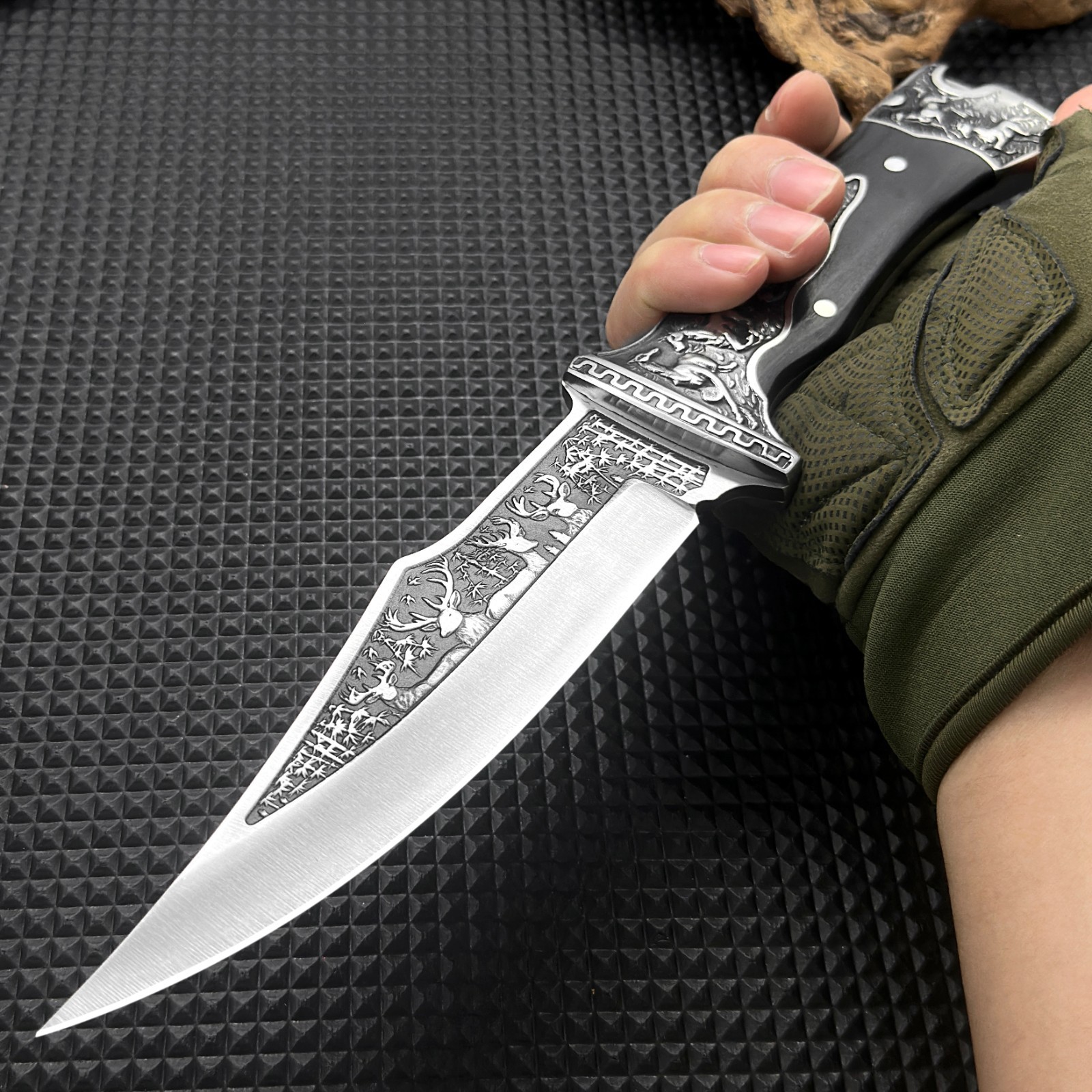 12Inch Fixed Blade Knife Comfort Grip Deer Embossed Design Nylon Sheath Included