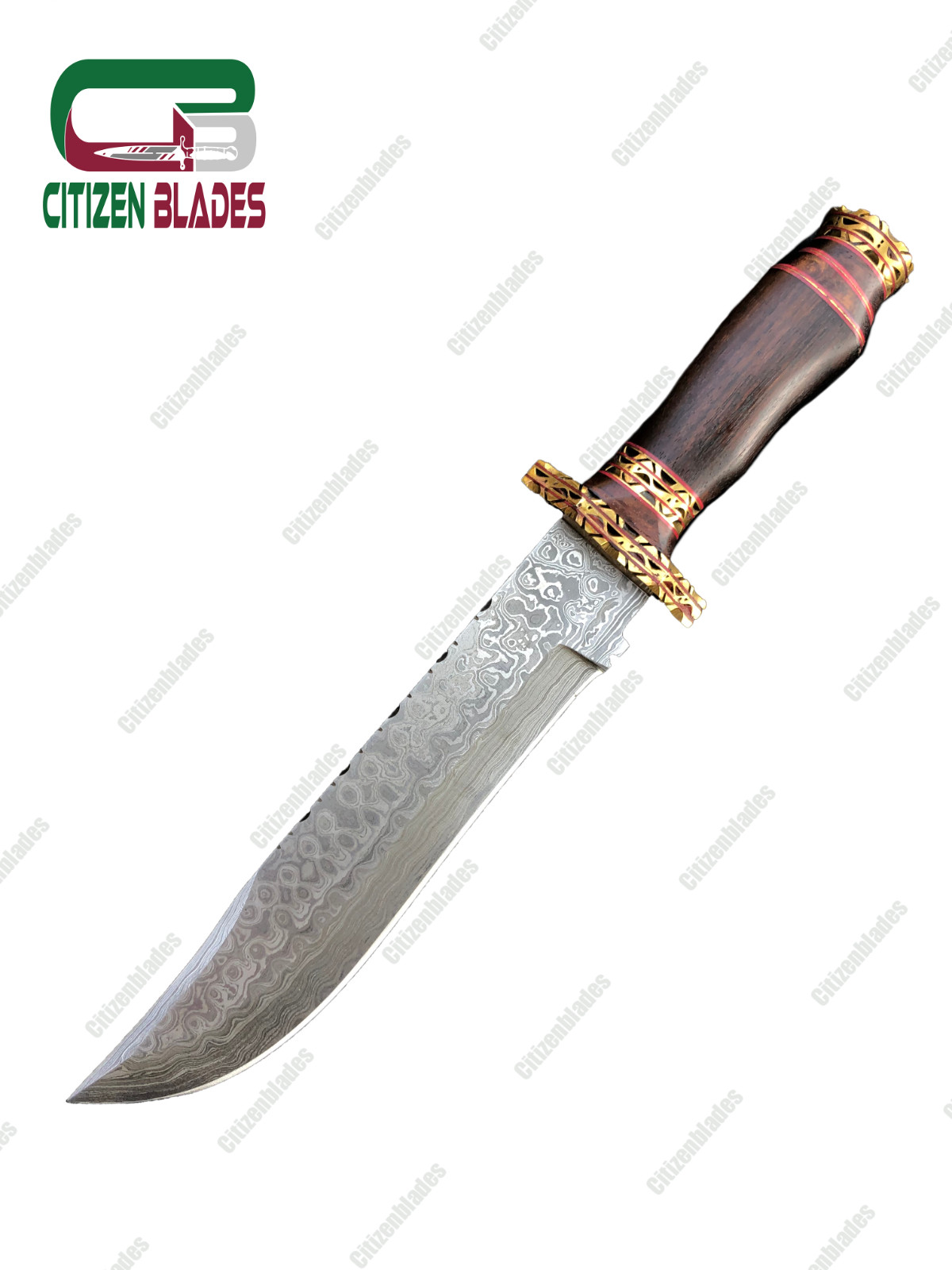Custom Handmade Damascus steel hunting knife. wooden handle and brass spacer. US