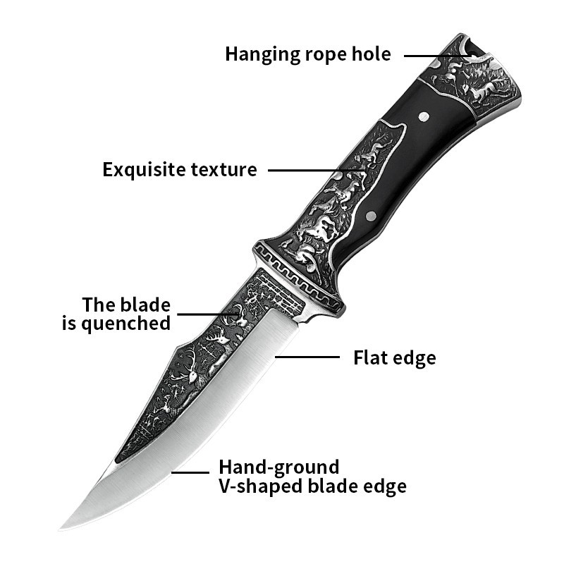 12Inch Fixed Blade Knife Comfort Grip Deer Embossed Design Nylon Sheath Included