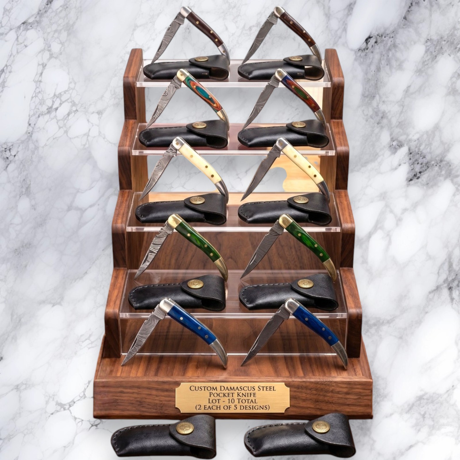 10pc Custom Damascus Steel Folding Pocket Knives Bulk Lot Exotic Wood Bone EDC