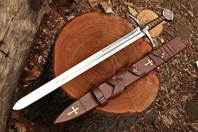 Hand Forged Templar Knights Battle Ready Sword, Steel, Brass Guard & Pommel scab