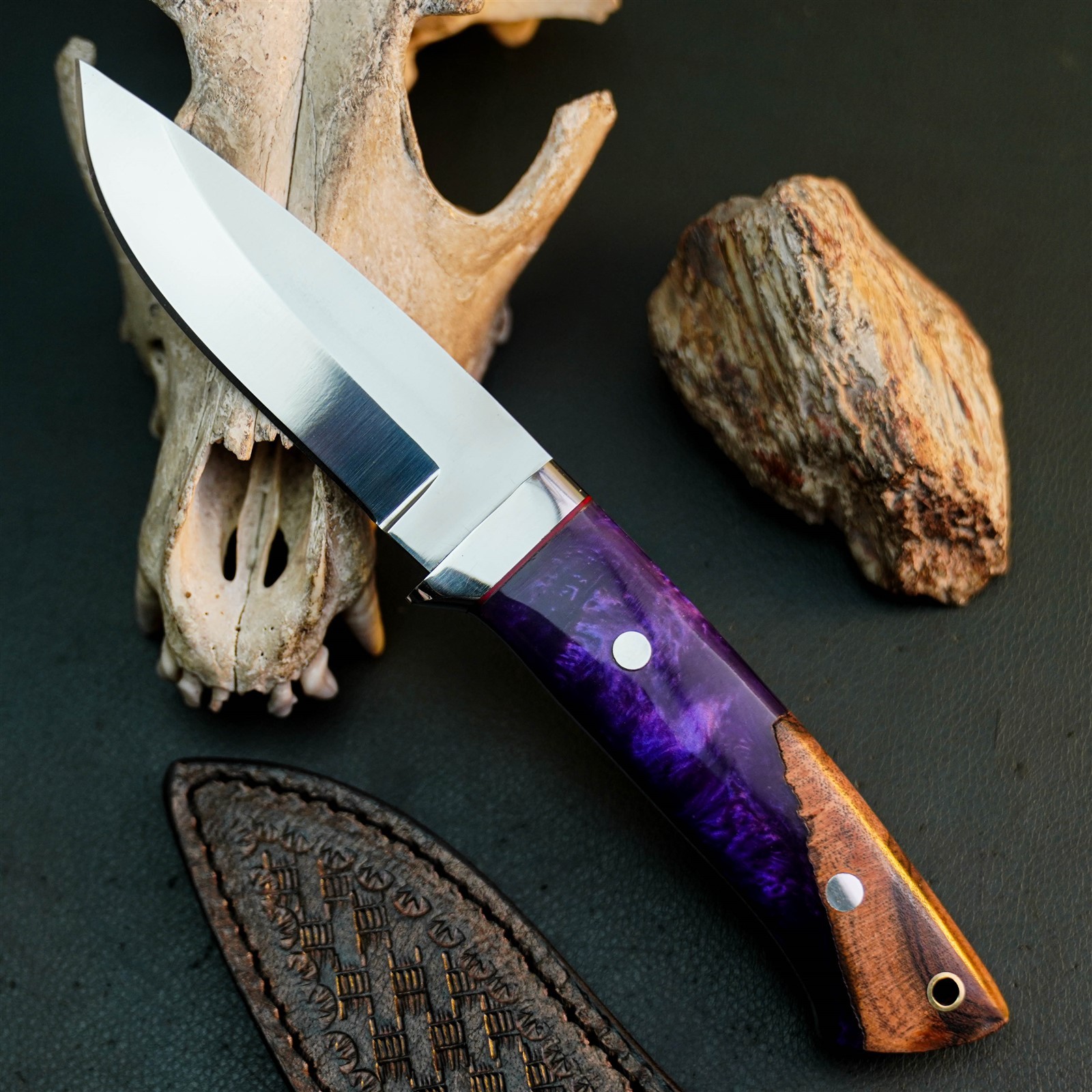 8.6″ Hunting EDC Stainless Knife Handmade Full Tang Wood Handle + Sheath