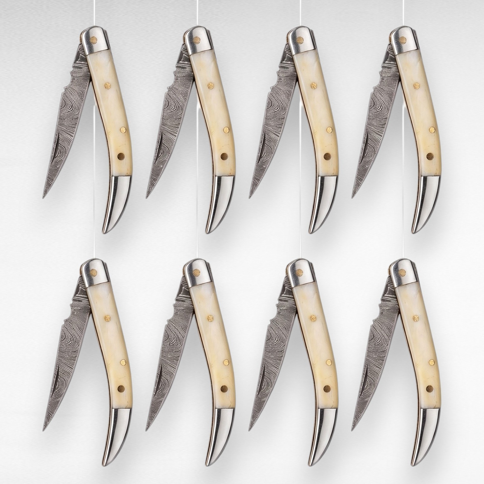 Wholesale Lot 8 Damascus Pocket Knives Camel Bone Gentleman Folder With Sheath