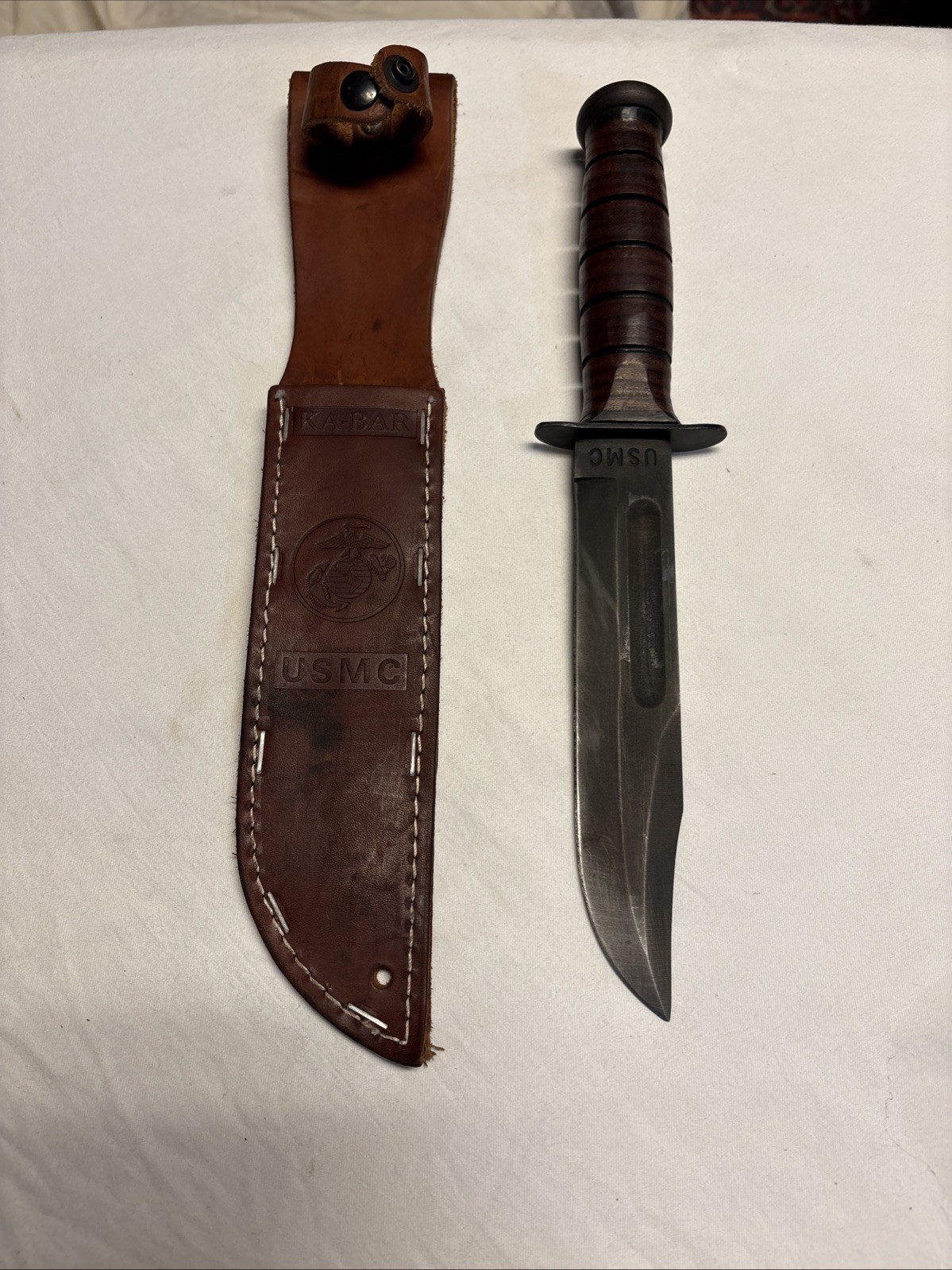 KA-BAR U.S.M.C. Military Fixed Blade Fighting Knife Leather Sheath Olean NY 1217