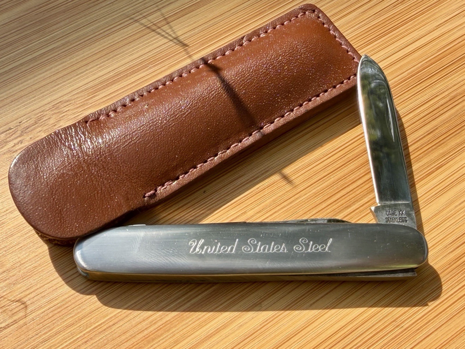 Vintage Case XX Stainless Pocket Knife Engraved “United States Steel” W/ Sheath