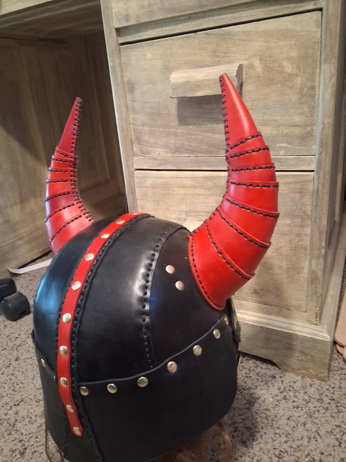 Black Leather Viking Helmet With Horns